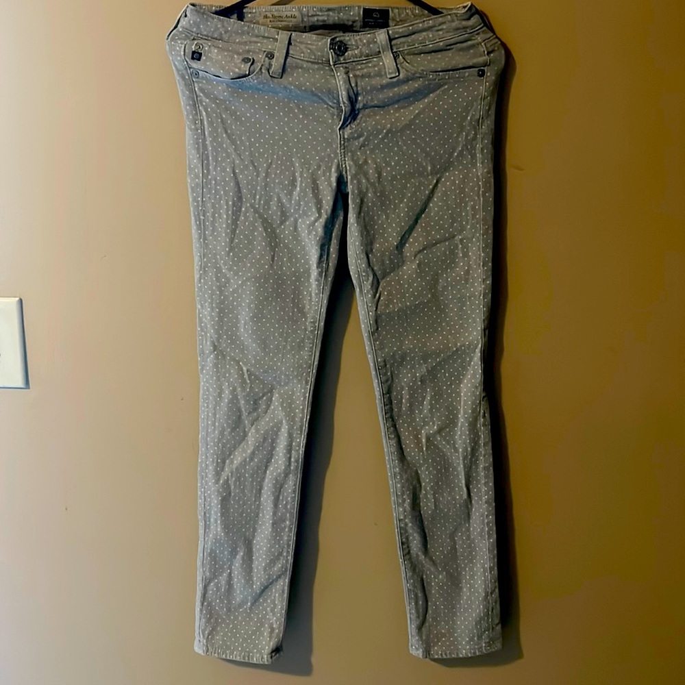 Anthropologie AG The Stevie Ankle Slim Straight Leg 25R Grey White Polka Dots